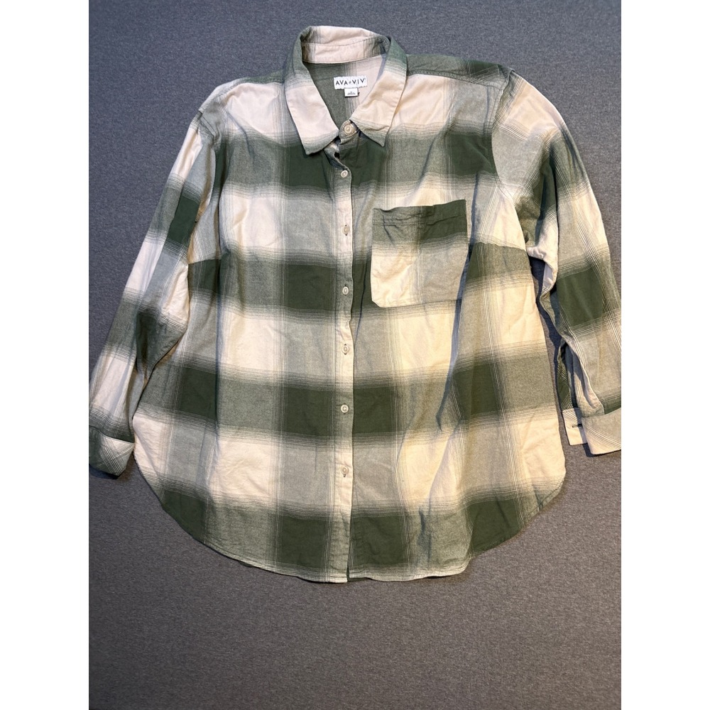 Ava & Viv Womens 1X Plaid Button Down Shirt Sage Green Cream Long Sleeve Plus
